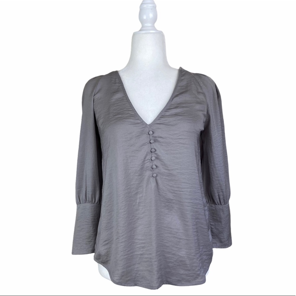 Express | Gray/Sliver V-neckline Button Chest Satin Shirt